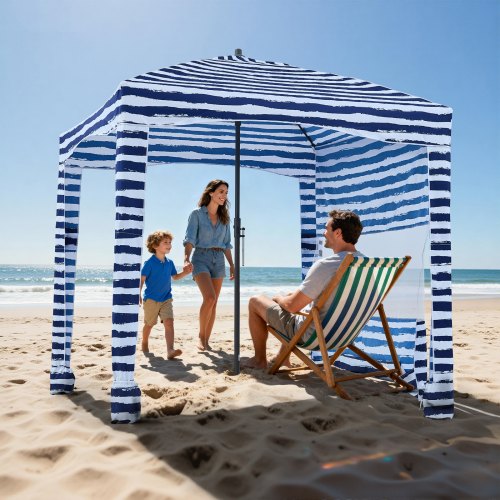 VEVOR strandcabana, 183 x 183 cm strandluifel met zijpaneel, UPF 50+ zonbescherming, strandpaviljoen met zandzakken, draagbare parasol voor familie en vrienden, marineblauwe strepen