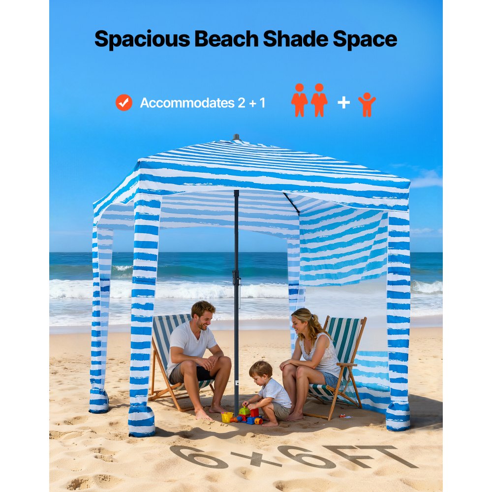 VEVOR strandcabana 183 x 183 cm, strandluifel met zijwanden, UPF 50+ zonbescherming, strandpaviljoen met zandzakken, draagbare parasol voor familie en vrienden, blauwe strepen