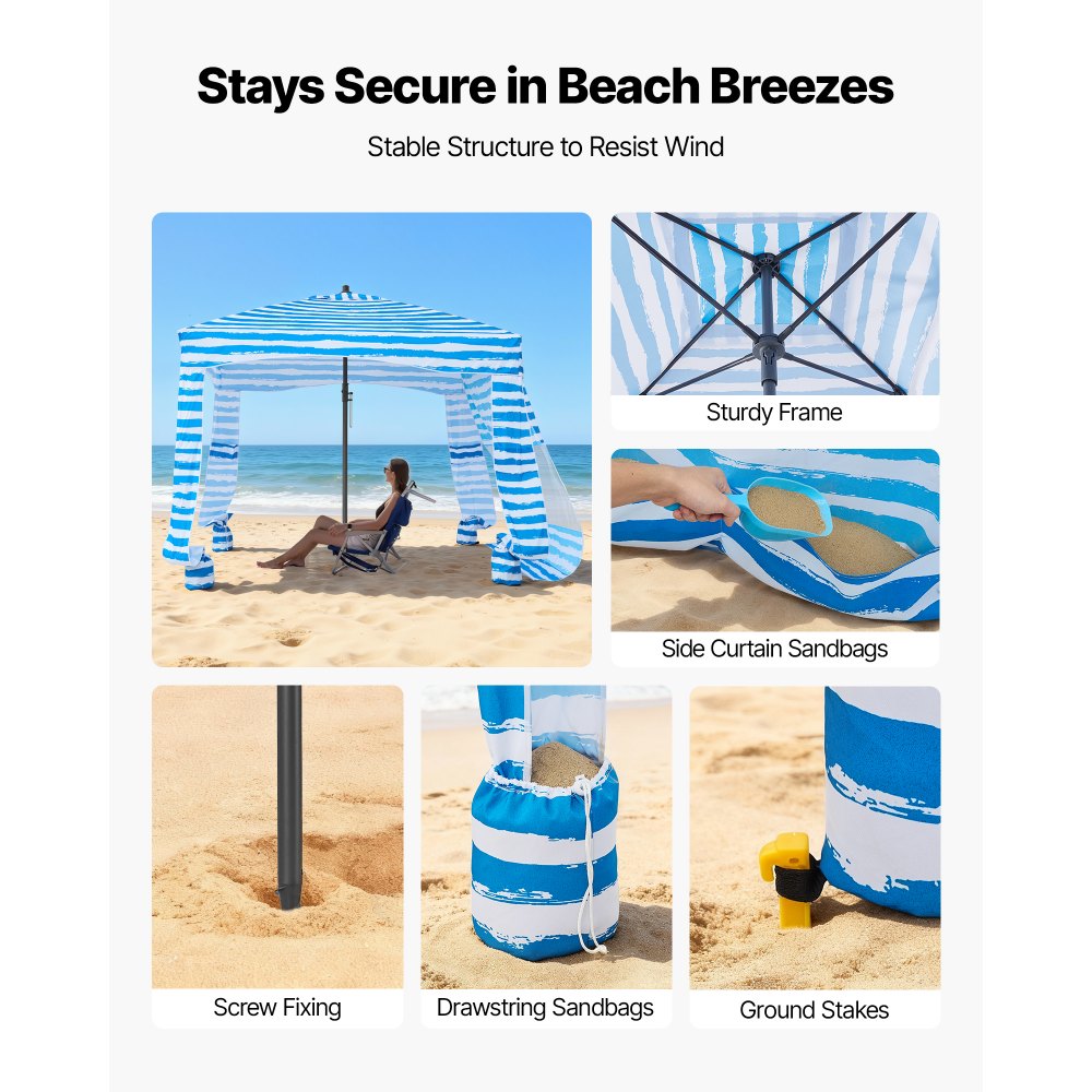 VEVOR strandcabana 183 x 183 cm, strandluifel met zijwanden, UPF 50+ zonbescherming, strandpaviljoen met zandzakken, draagbare parasol voor familie en vrienden, blauwe strepen