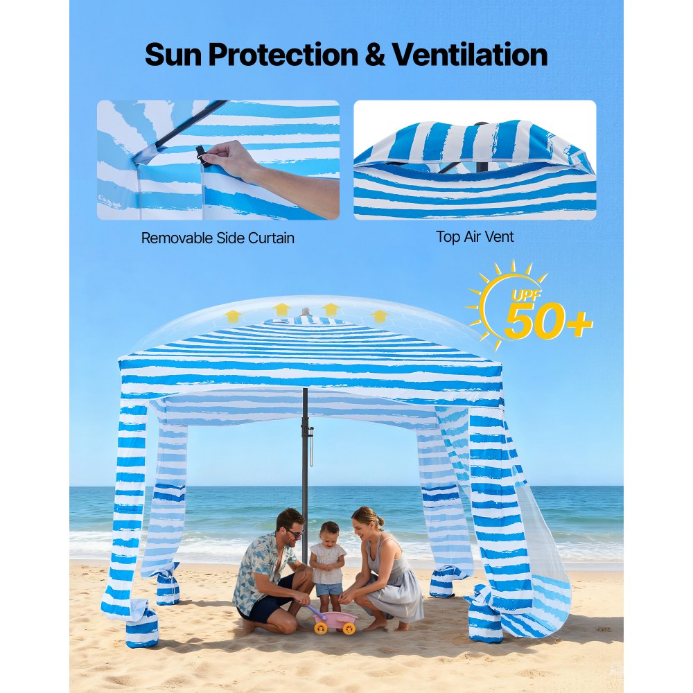 VEVOR strandcabana 183 x 183 cm, strandluifel met zijwanden, UPF 50+ zonbescherming, strandpaviljoen met zandzakken, draagbare parasol voor familie en vrienden, blauwe strepen
