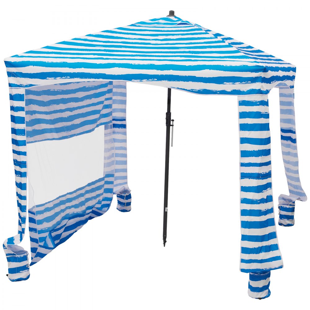 VEVOR strandcabana 183 x 183 cm, strandluifel met zijwanden, UPF 50+ zonbescherming, strandpaviljoen met zandzakken, draagbare parasol voor familie en vrienden, blauwe strepen
