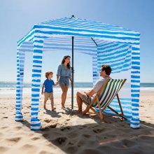 VEVOR strandcabana 183 x 183 cm, strandluifel met zijwanden, UPF 50+ zonbescherming, strandpaviljoen met zandzakken, draagbare parasol voor familie en vrienden, blauwe strepen