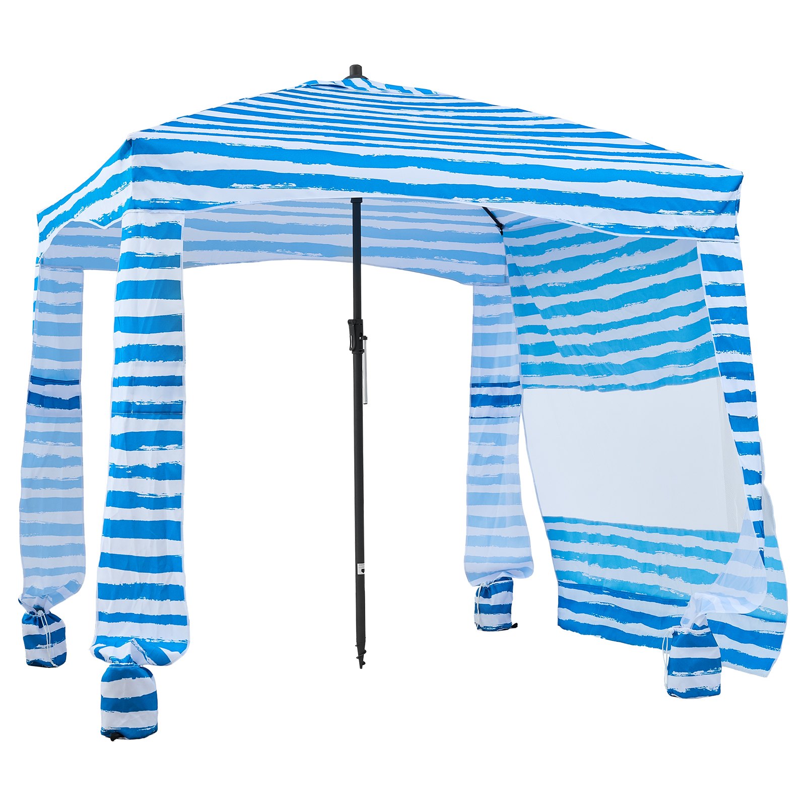 VEVOR strandcabana 183 x 183 cm, strandluifel met zijwanden, UPF 50+ zonbescherming, strandpaviljoen met zandzakken, draagbare parasol voor familie en vrienden, blauwe strepen