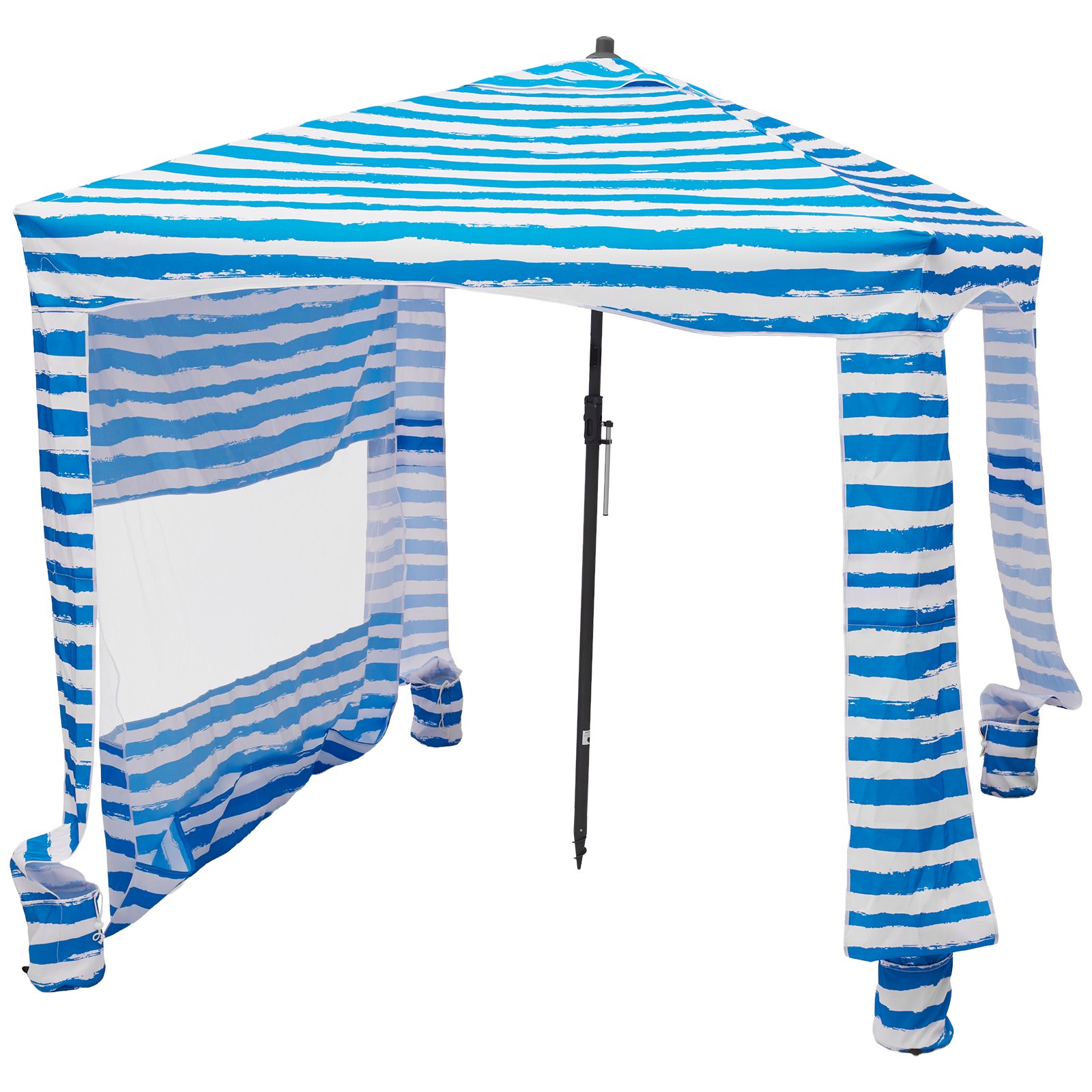 VEVOR strandcabana 183 x 183 cm, strandluifel met zijwanden, UPF 50+ zonbescherming, strandpaviljoen met zandzakken, draagbare parasol voor familie en vrienden, blauwe strepen