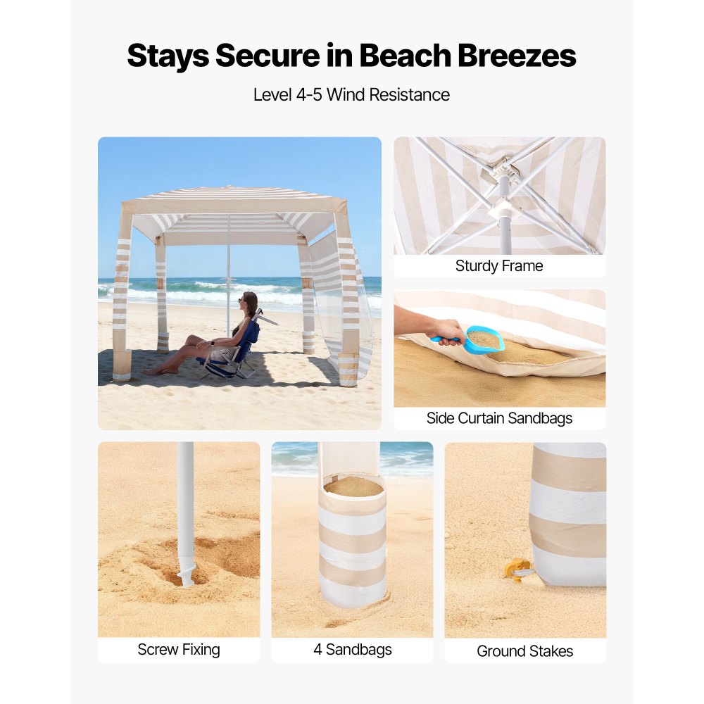 VEVOR strandcabana, 2,4 x 2,4 m strandluifel met zijwanden, UPF 50+ zonbescherming, cabana met zandzakken, in hoogte verstelbaar en draagbaar zonnescherm voor het hele gezin en vrienden.