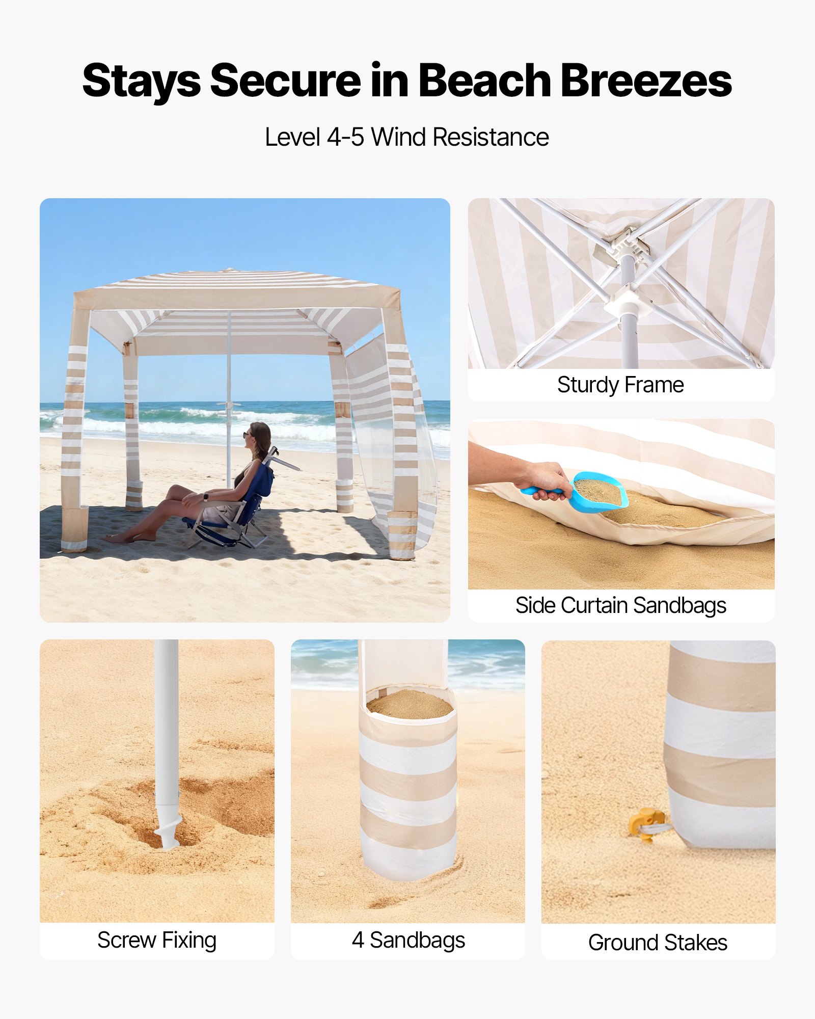 VEVOR strandcabana, 2,4 x 2,4 m strandluifel met zijwanden, UPF 50+ zonbescherming, cabana met zandzakken, in hoogte verstelbaar en draagbaar zonnescherm voor het hele gezin en vrienden.