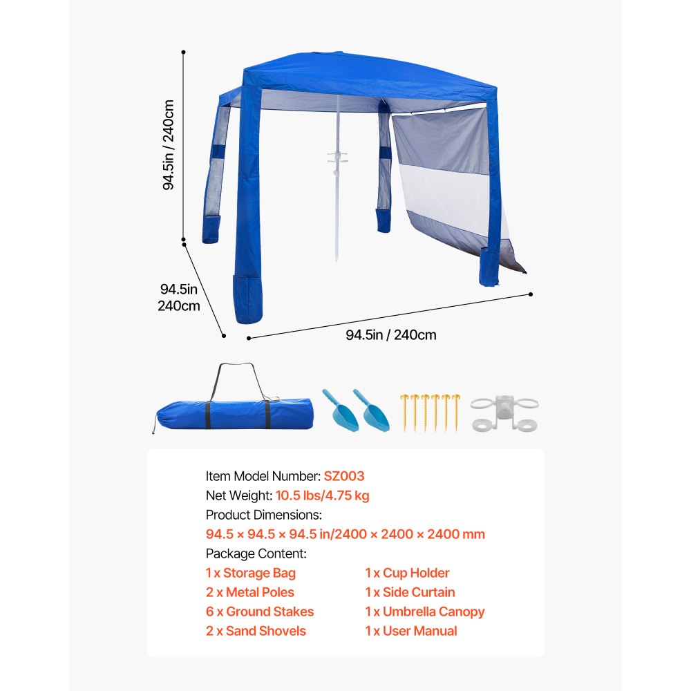 VEVOR strandcabana, 2,4 x 2,4 m strandtent met zijwanden, UPF 50+ zonbescherming, strandpaviljoen met zandzakken, in hoogte verstelbaar en draagbaar zonnescherm voor familie en vrienden, blauw