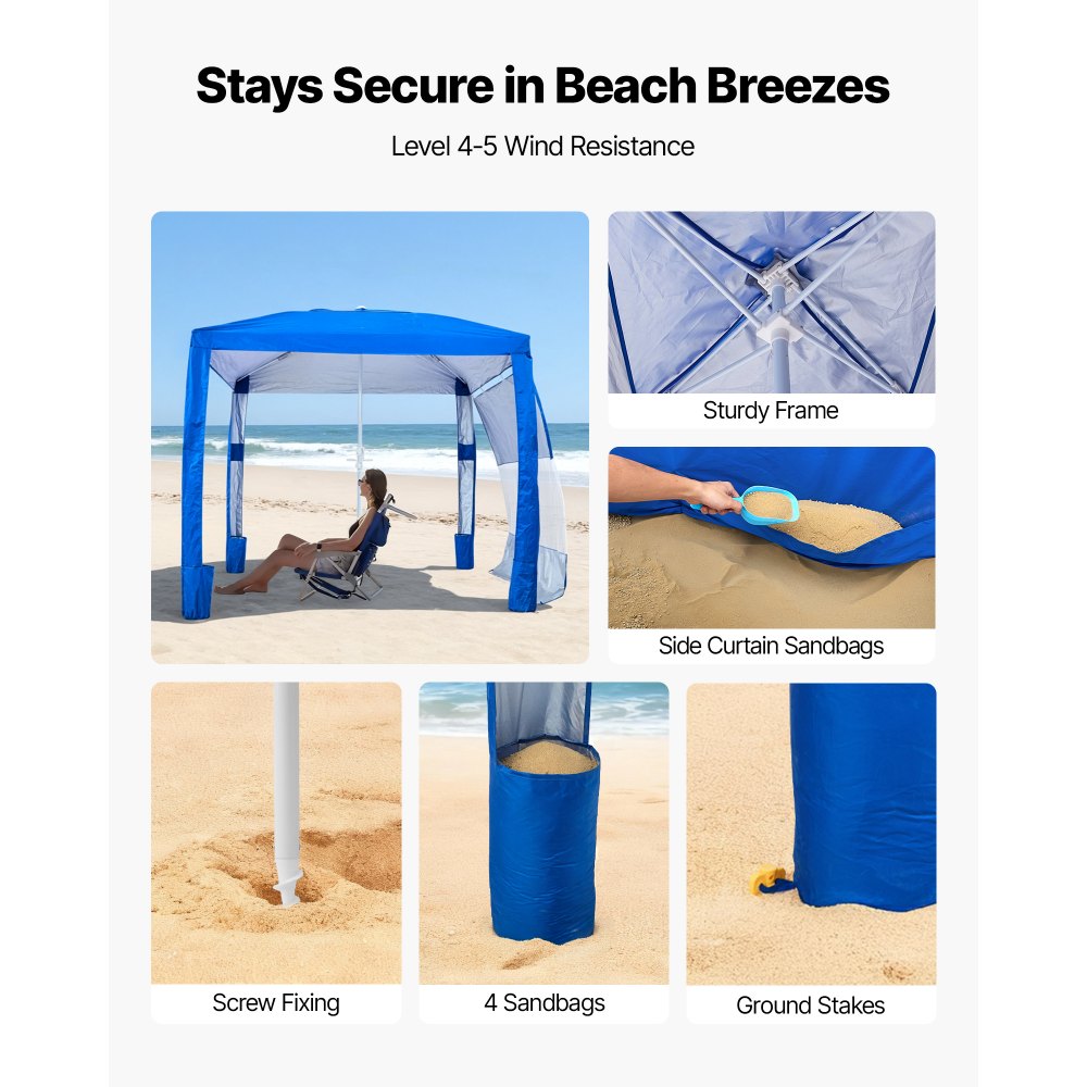 VEVOR strandcabana, 2,4 x 2,4 m strandtent met zijwanden, UPF 50+ zonbescherming, strandpaviljoen met zandzakken, in hoogte verstelbaar en draagbaar zonnescherm voor familie en vrienden, blauw