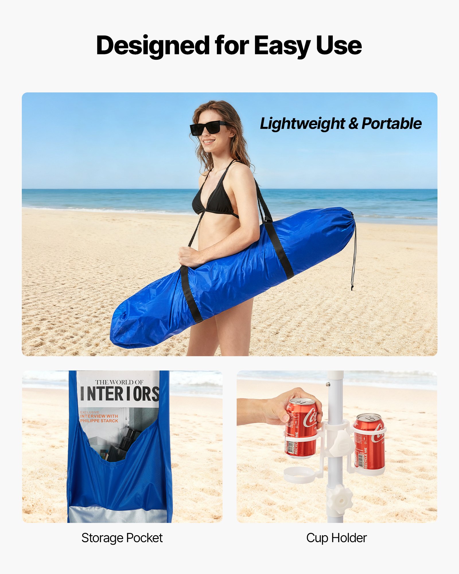 VEVOR strandcabana, 2,4 x 2,4 m strandtent met zijwanden, UPF 50+ zonbescherming, strandpaviljoen met zandzakken, in hoogte verstelbaar en draagbaar zonnescherm voor familie en vrienden, blauw