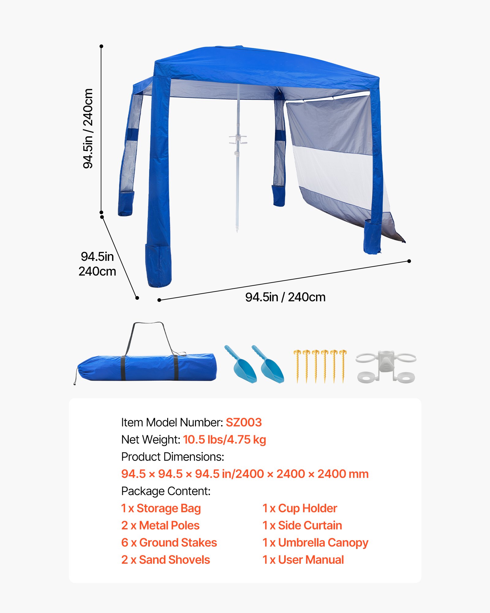 VEVOR strandcabana, 2,4 x 2,4 m strandtent met zijwanden, UPF 50+ zonbescherming, strandpaviljoen met zandzakken, in hoogte verstelbaar en draagbaar zonnescherm voor familie en vrienden, blauw