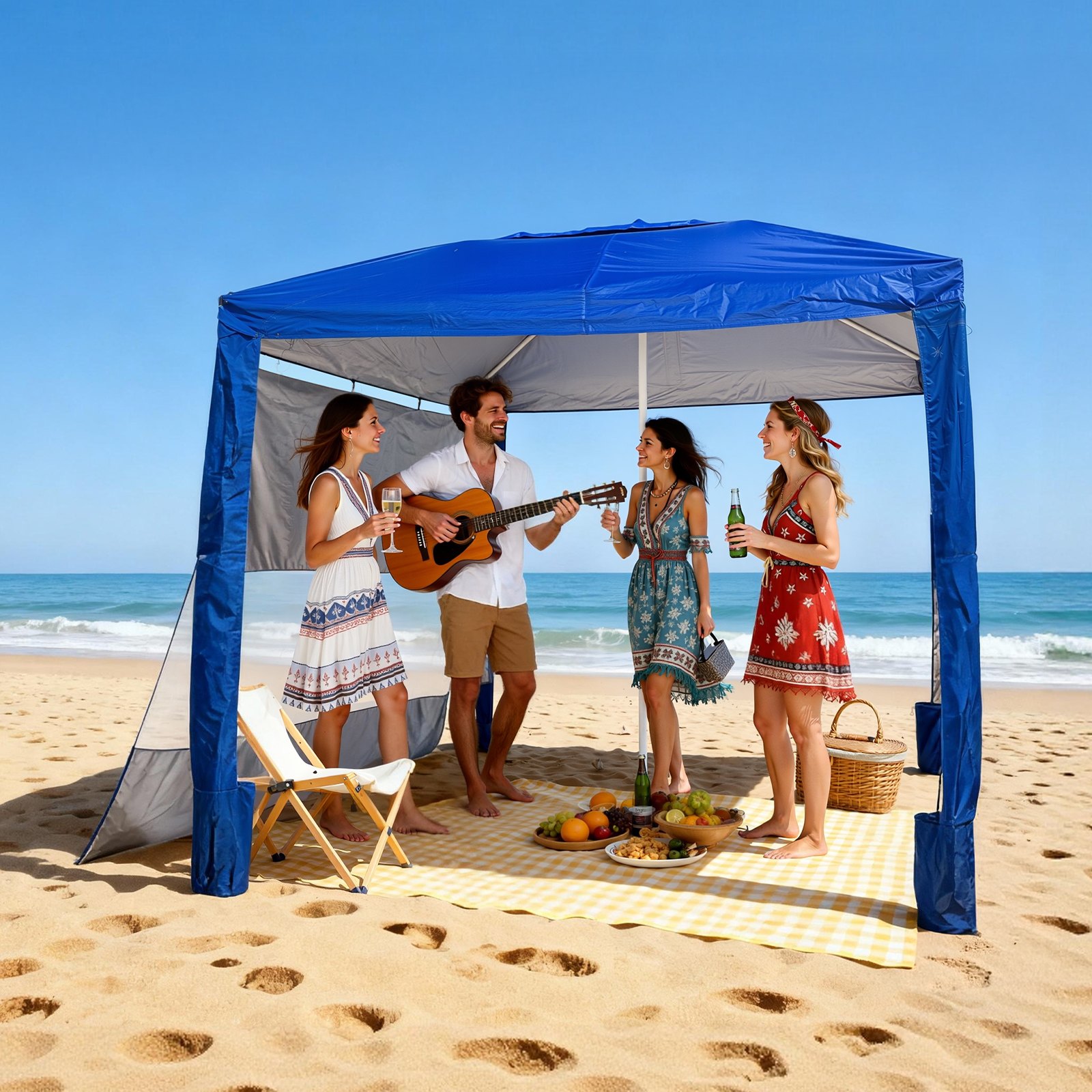VEVOR strandcabana, 2,4 x 2,4 m strandtent met zijwanden, UPF 50+ zonbescherming, strandpaviljoen met zandzakken, in hoogte verstelbaar en draagbaar zonnescherm voor familie en vrienden, blauw