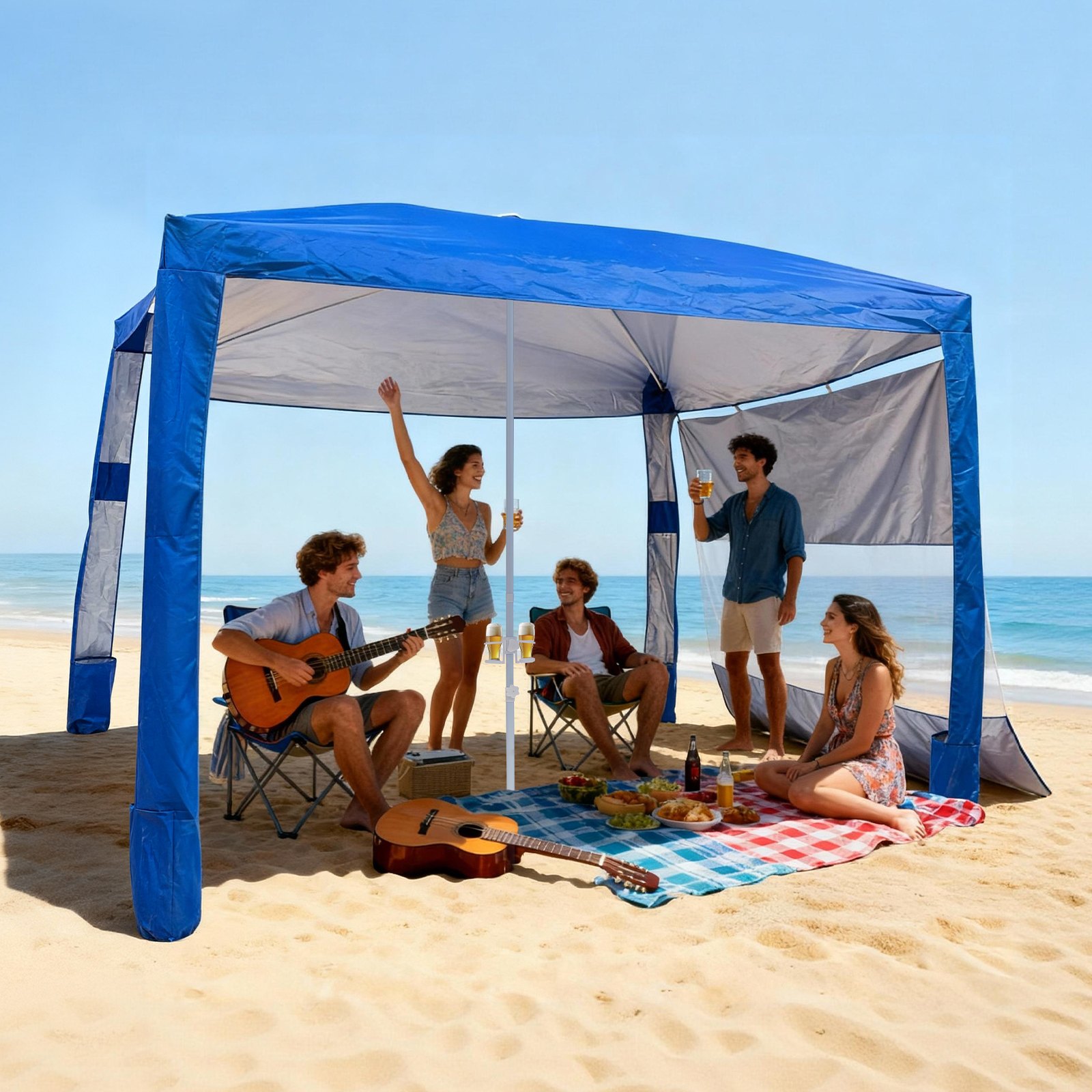VEVOR strandcabana, 2,4 x 2,4 m strandtent met zijwanden, UPF 50+ zonbescherming, strandpaviljoen met zandzakken, in hoogte verstelbaar en draagbaar zonnescherm voor familie en vrienden, blauw