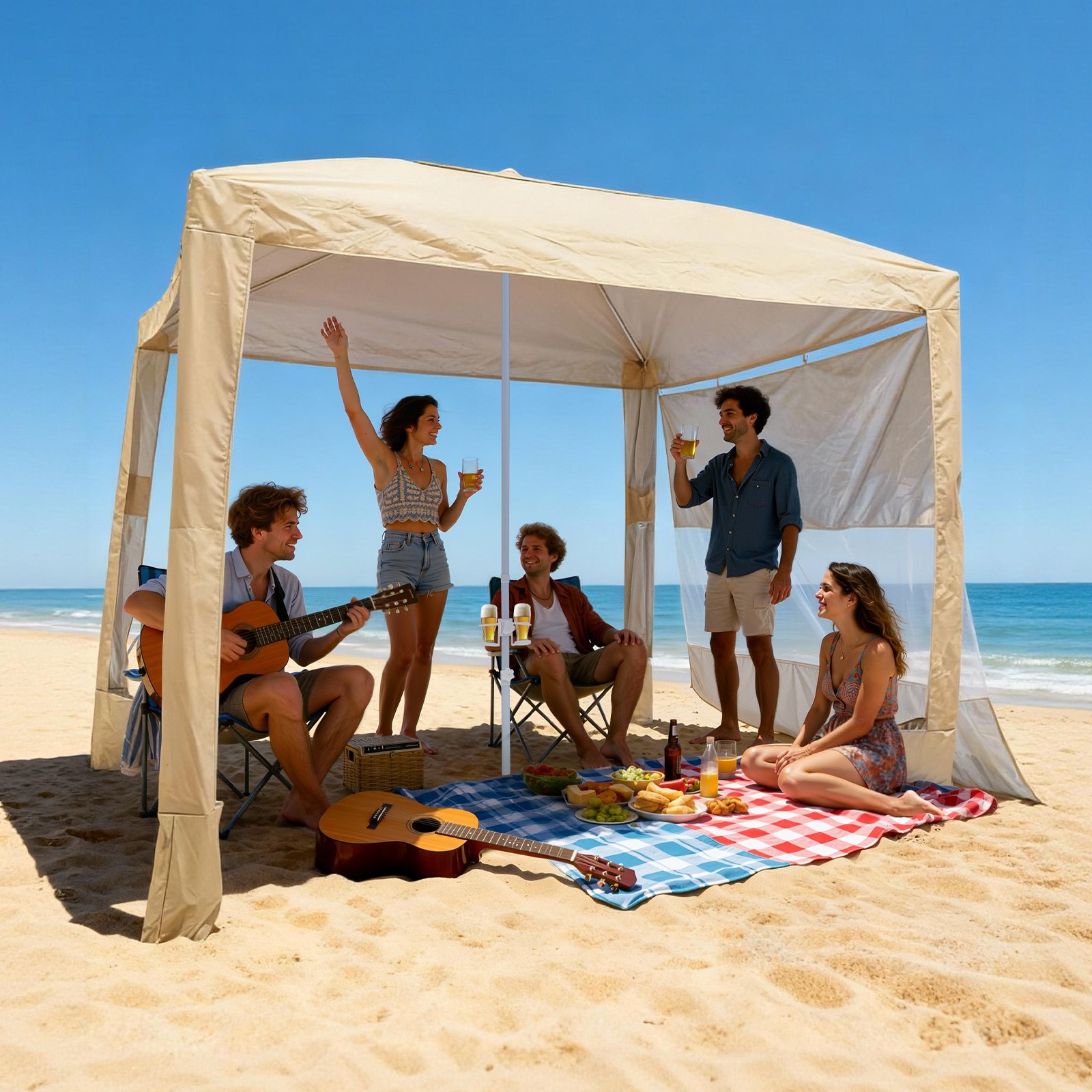VEVOR strandcabana, 2,4 x 2,4 m strandluifel met zijwanden, UPF 50+ zonbescherming, strandpaviljoen met zandzakken, in hoogte verstelbaar en draagbaar zonnescherm voor familie en vrienden, kaki