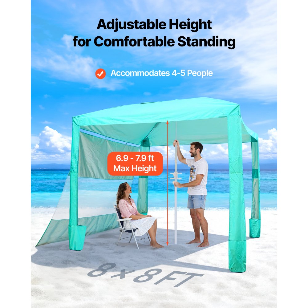 VEVOR strandcabana, 2,4 x 2,4 m strandtent met zijwanden, UPF 50+ zonbescherming, strandpaviljoen met zandzakken, in hoogte verstelbaar en draagbaar zonnescherm voor familie en vrienden, groen