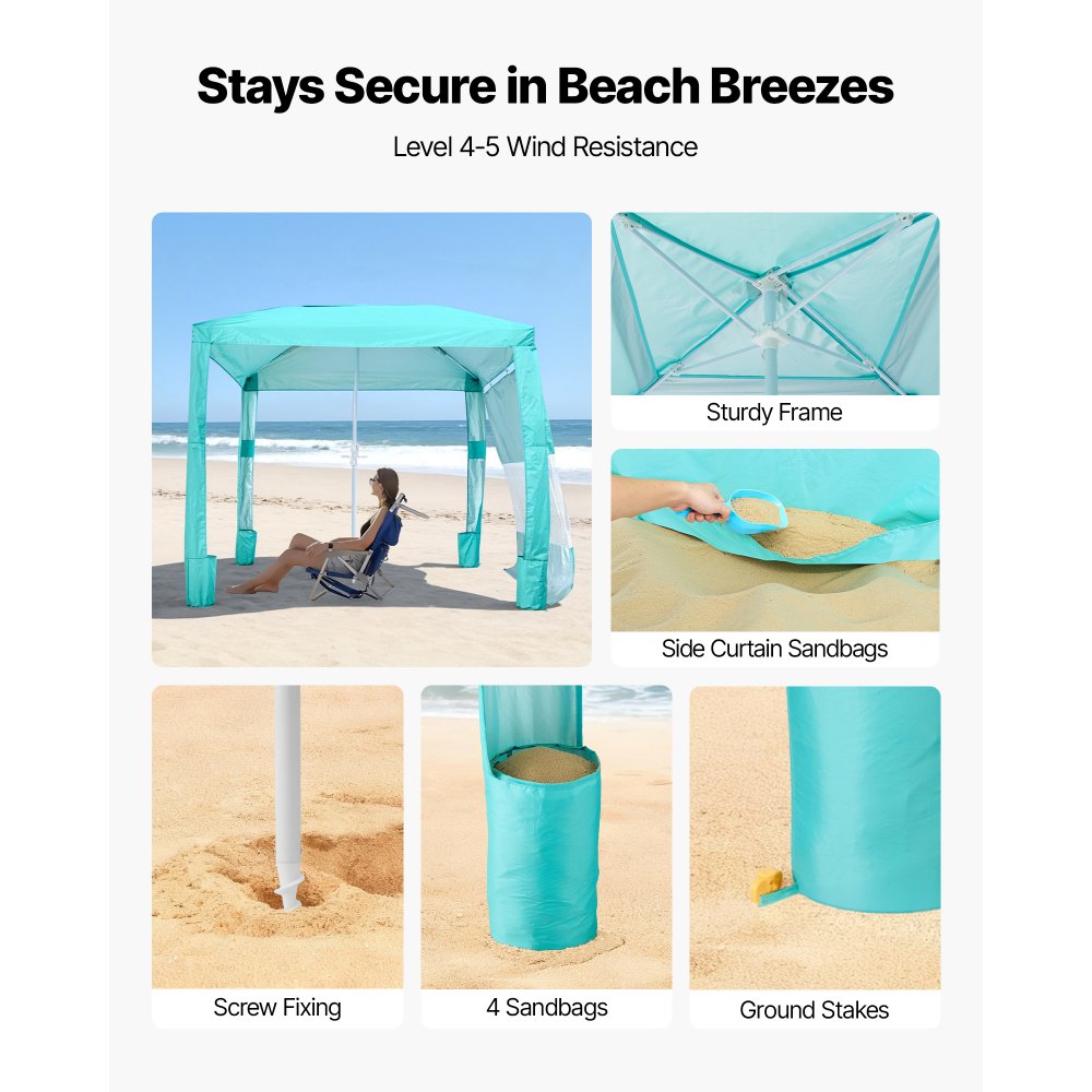 VEVOR strandcabana, 2,4 x 2,4 m strandtent met zijwanden, UPF 50+ zonbescherming, strandpaviljoen met zandzakken, in hoogte verstelbaar en draagbaar zonnescherm voor familie en vrienden, groen