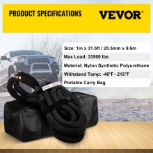 VEVOR 25.5mm x 9.6m Kinetic Tow Rope 33,000lbs Double Braided Nylon Kinetic Recovery Rope with Loops and Protective Covers for Truck ATV UTV Including Carrying Bag Black