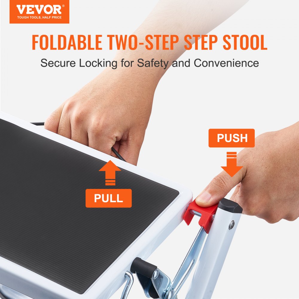 VEVOR Step Ladder 2-Step 150kg Capacity, Ergonomic Folding Steel Step Stool with Wide Anti-Slip Pedal, Sturdy Step Stool for Adults Toddlers, Multi-Use for Household, Kitchen, Office, RVs