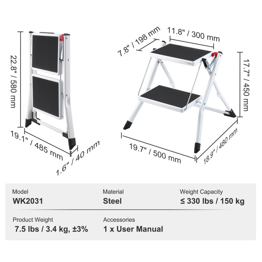 VEVOR Step Ladder 2-Step 150kg Capacity, Ergonomic Folding Steel Step Stool with Wide Anti-Slip Pedal, Sturdy Step Stool for Adults Toddlers, Multi-Use for Household, Kitchen, Office, RVs