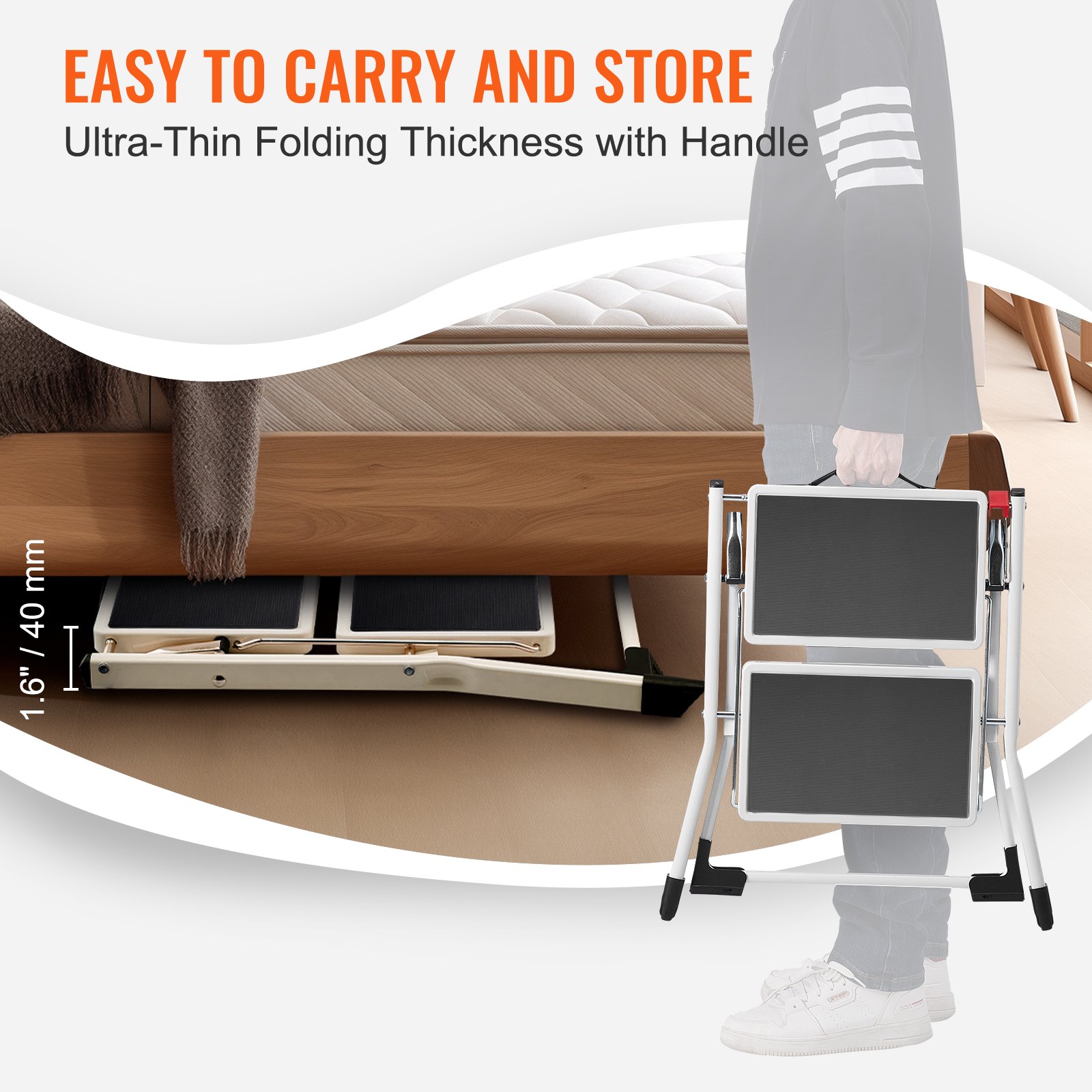 VEVOR Step Ladder 2-Step 150kg Capacity, Ergonomic Folding Steel Step Stool with Wide Anti-Slip Pedal, Sturdy Step Stool for Adults Toddlers, Multi-Use for Household, Kitchen, Office, RVs