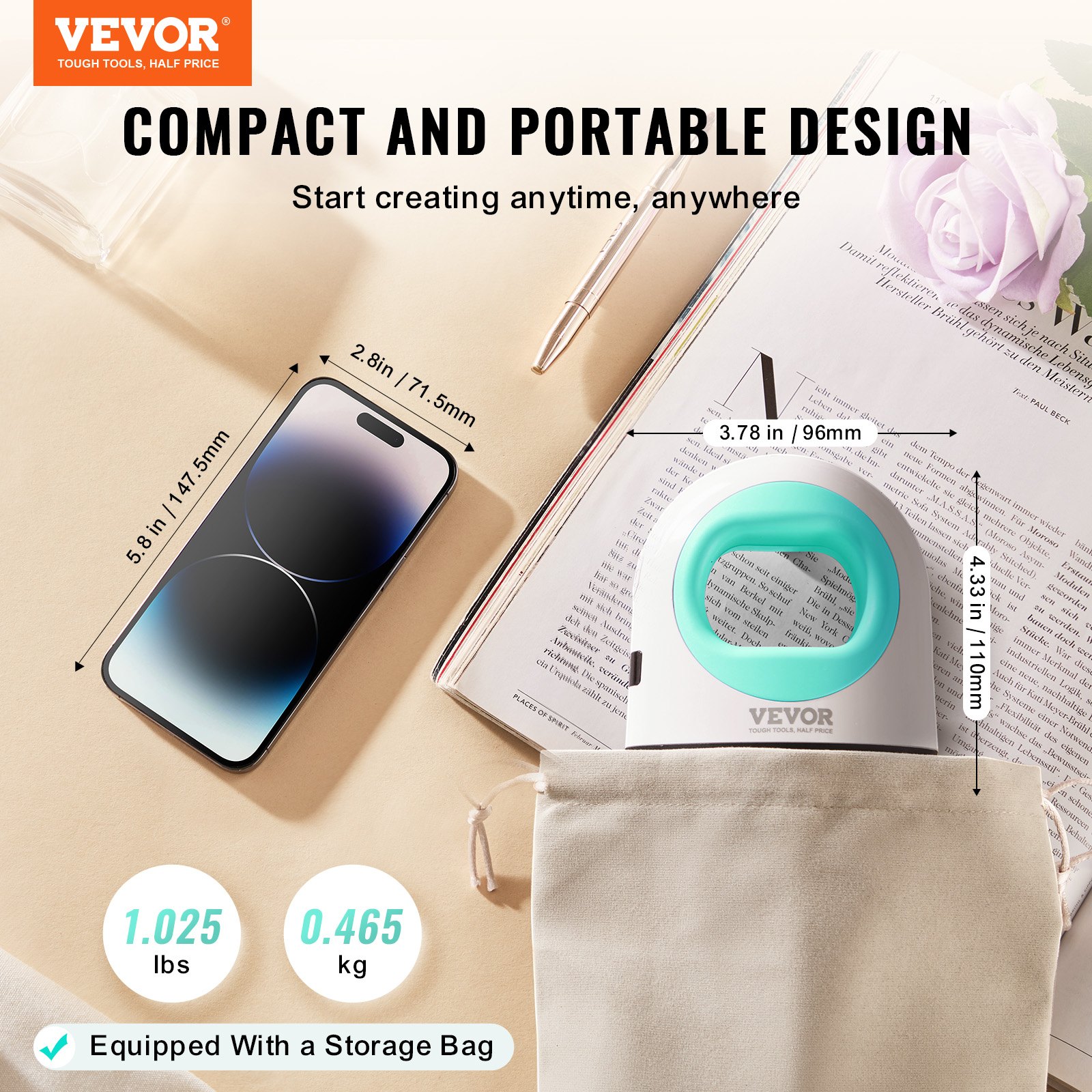 VEVOR Mini Heat Press Machine, Small Heat Press with 3-Level Temperature Control and Auto-Off, Compact and Portable Heat Transfer Machine, Sublimation Machine for T-shirts/Hats/Coasters, Green+White