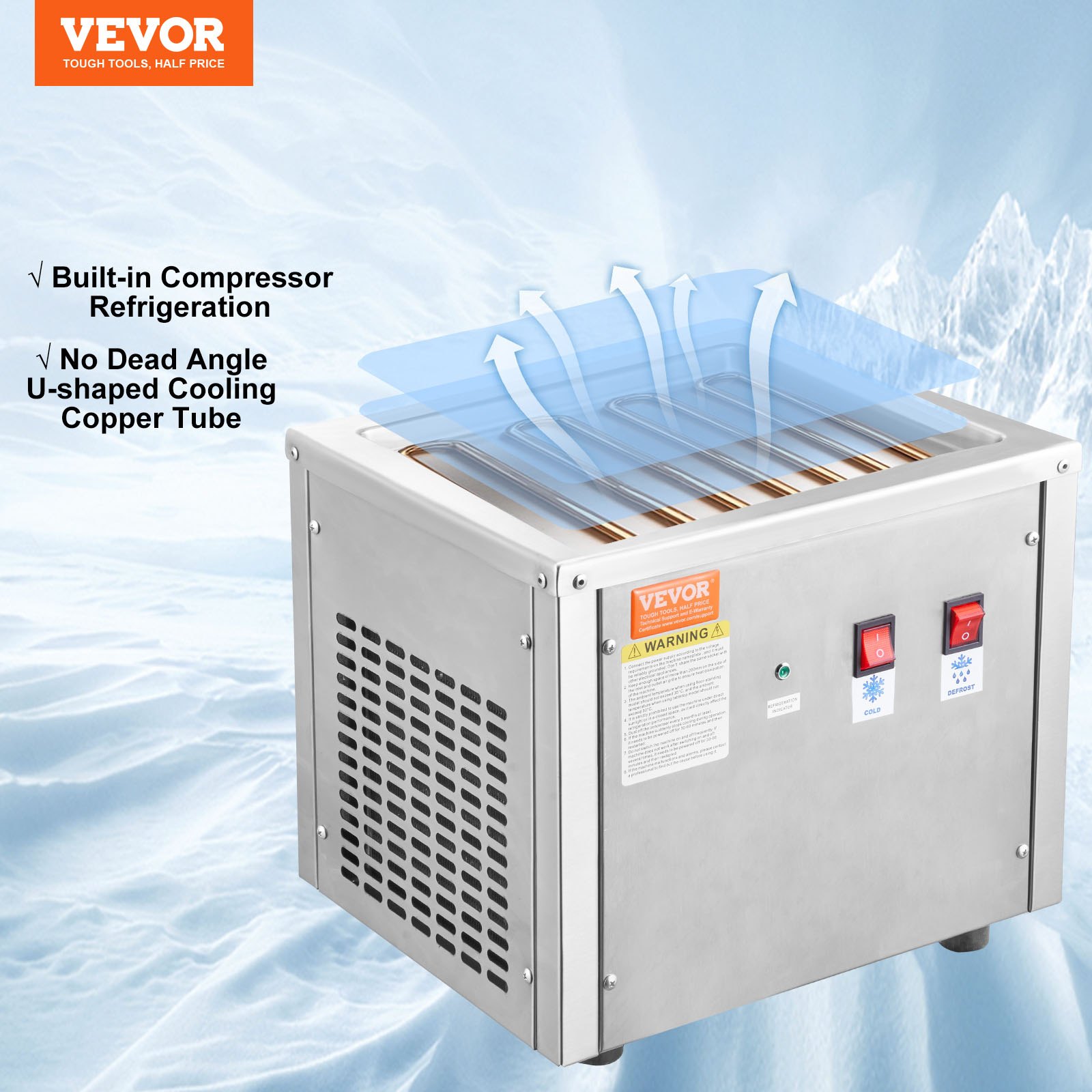 VEVOR Gefrituurde ijsrolmachine, 28 x 24 x 2 cm pan voor het frituren van ijs, ijsmachine met compressor en 2 schrapers, voor het maken van ijs, bevroren yoghurt en ijsrollen