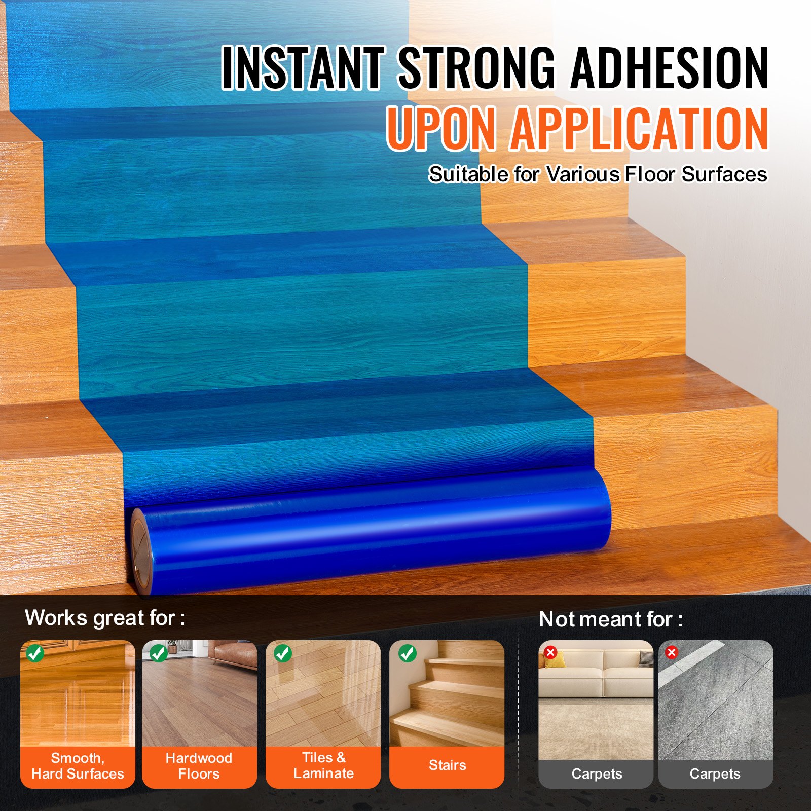 VEVOR Carpet Protection Film, 24" x 200' Floor and Surface Shield with Self Adhesive Backing & Easy Installation, Polyethylene Adhesive Car Mat Protector Roll for Construction Renovation, Blue