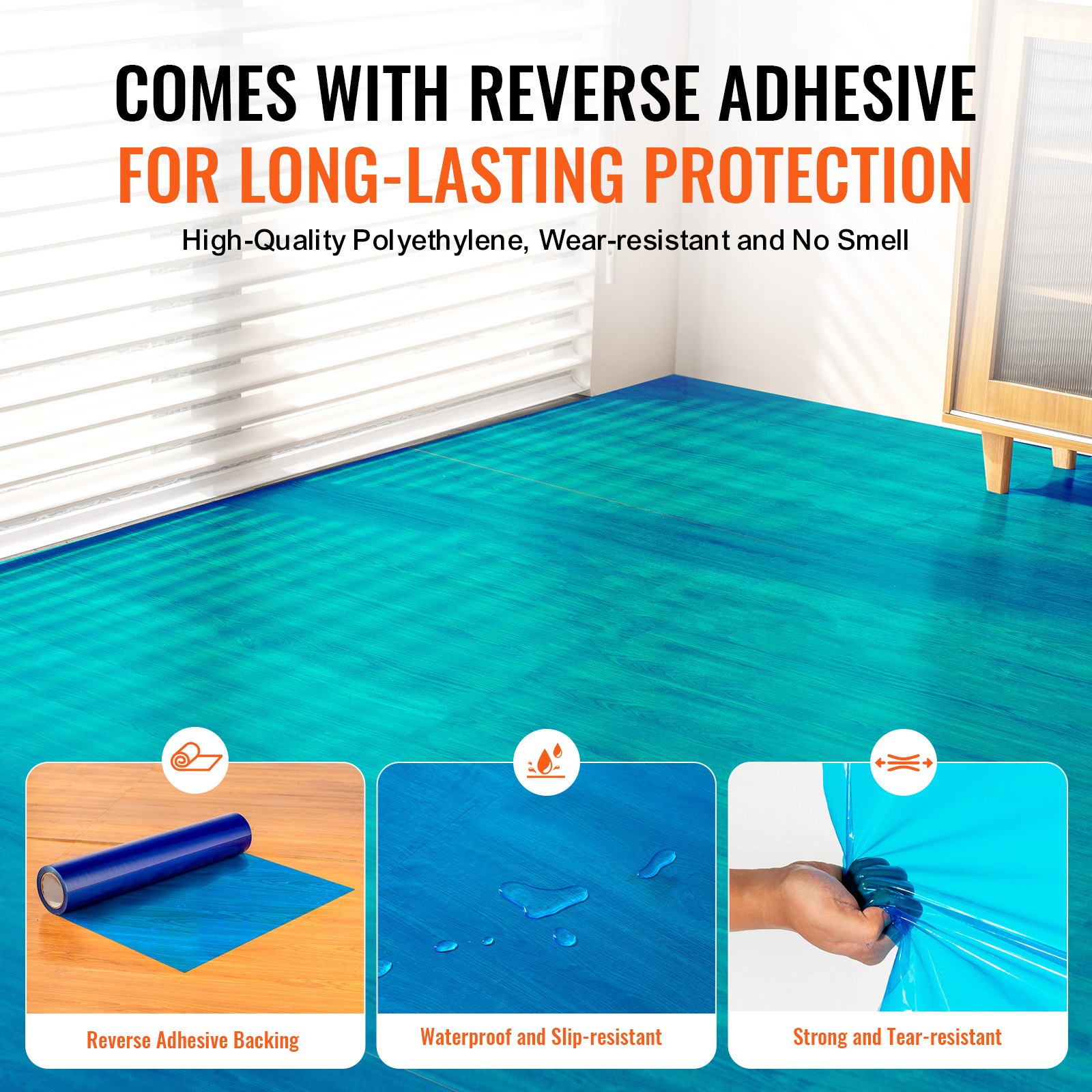VEVOR Carpet Protection Film, 24" x 200' Floor and Surface Shield with Self Adhesive Backing & Easy Installation, Polyethylene Adhesive Car Mat Protector Roll for Construction Renovation, Blue