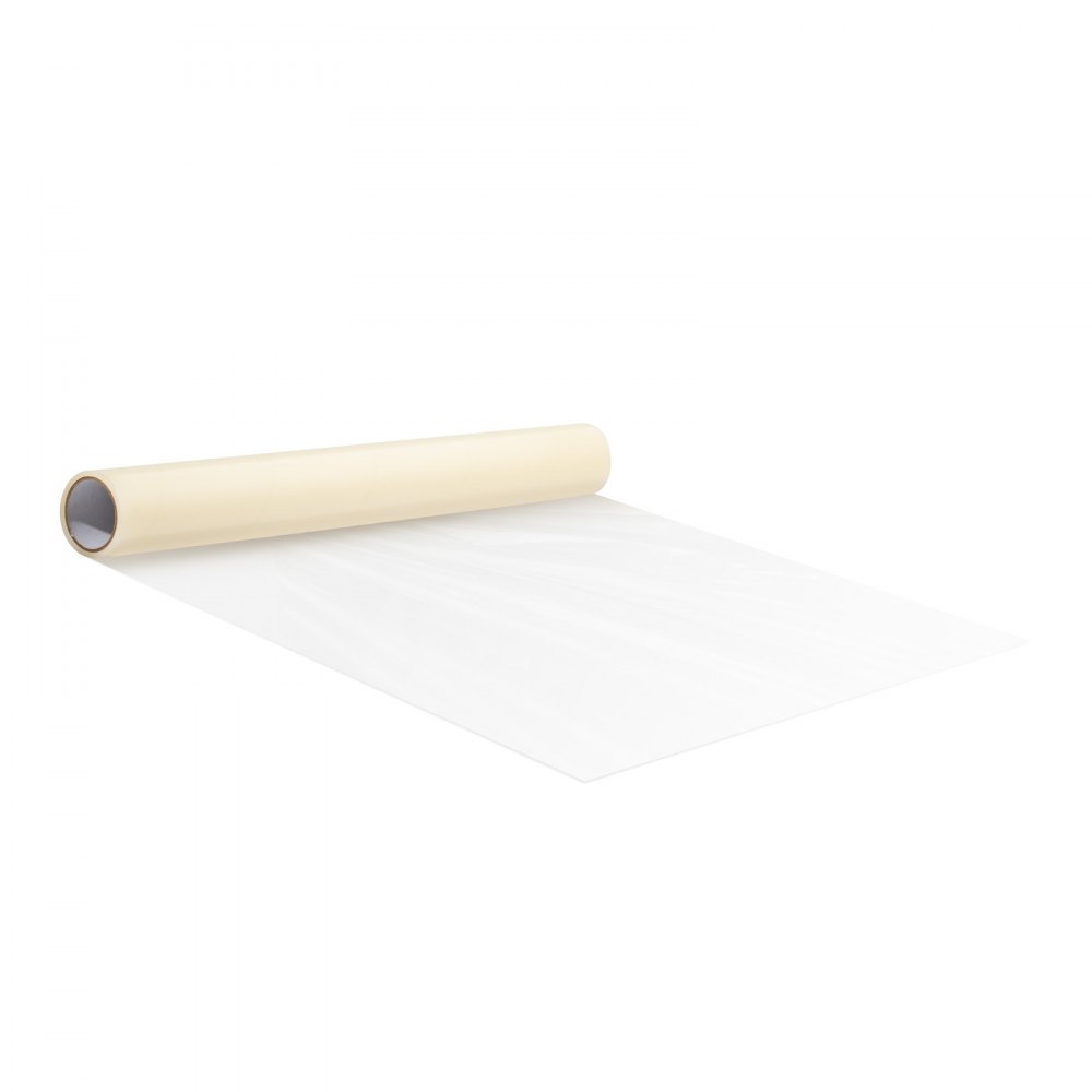 roll of VEVOR carpet protection film partially unrolled, displaying its transparent surface.