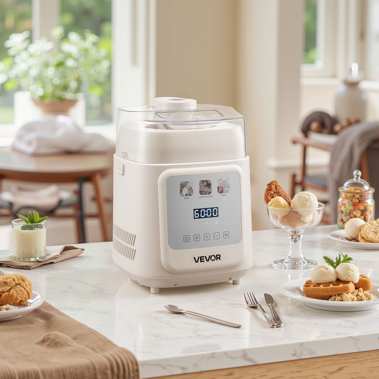 VEVOR Automatische ijsmachine met ingebouwde compressor 1 L Zonder voorvriezen, Gelato- en ijsmachine met 4 standen, Elektrische ijsmachine Bevroren yoghurt Sorbetmachine Wit