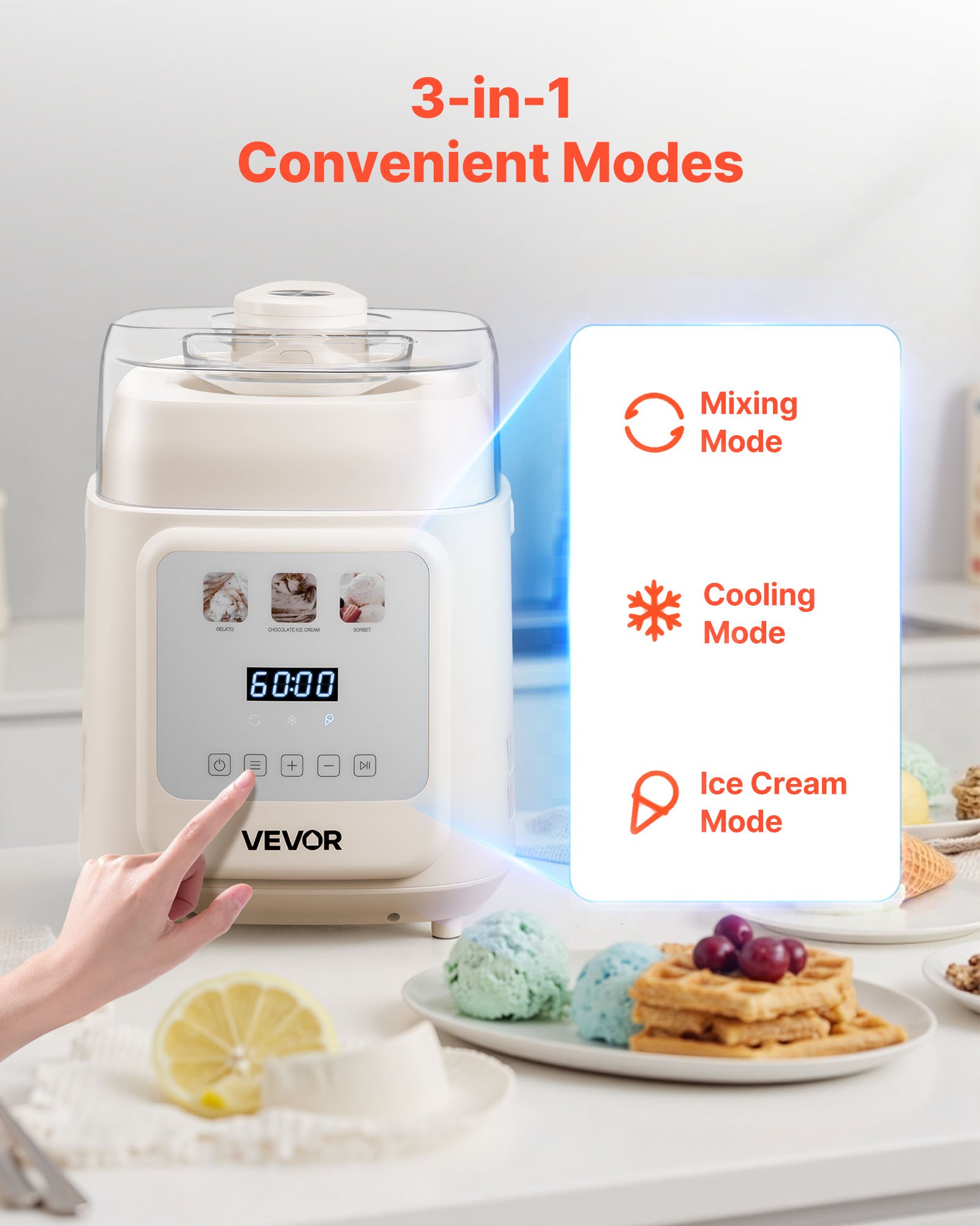 VEVOR Automatische ijsmachine met ingebouwde compressor 1 L Zonder voorvriezen, Gelato- en ijsmachine met 4 standen, Elektrische ijsmachine Bevroren yoghurt Sorbetmachine Wit