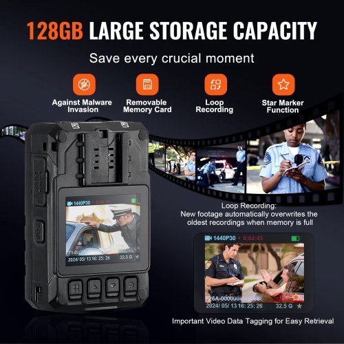 Booso Caméra Corporelle 4K avec Audio et Vidéo, Écran IPS 2 Pouces, Caméra Corporelle avec Son et Vision Nocturne pour la Sécurité, la Police