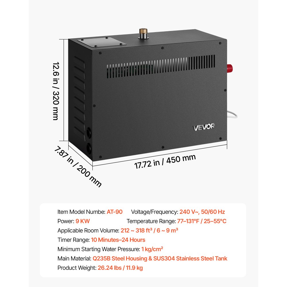 VEVOR 9kW stoomgenerator voor thuisgebruik met voorverwarmingsmodus, stoomgenerator voor sauna, bad en spa, directe wateraansluiting, instelbaar van 25–55 °C, 6–9 m³, met touchscreenbediening en 24-uurs timer