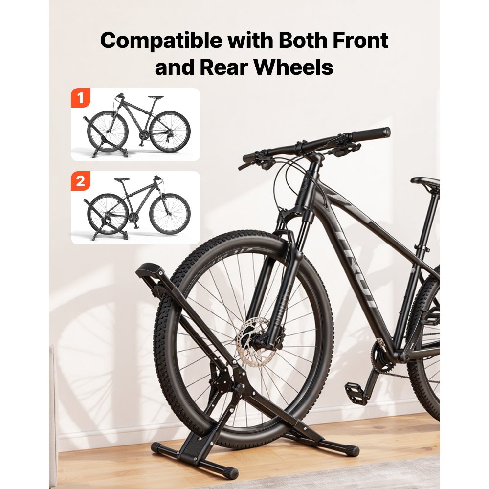 VEVOR Opvouwbare, vrijstaande fietsenstandaard voor MTB- en racefietsen, carbonstalen frames, banden met een diameter van Ø508-737 mm / 20-29 inch, breedte tot 75 mm / 2,9 inch, vloerstandaard voor opslag in huis of garage.