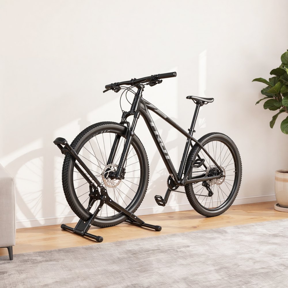 VEVOR Opvouwbare, vrijstaande fietsenstandaard voor MTB- en racefietsen, carbonstalen frames, banden met een diameter van Ø508-737 mm / 20-29 inch, breedte tot 75 mm / 2,9 inch, vloerstandaard voor opslag in huis of garage.