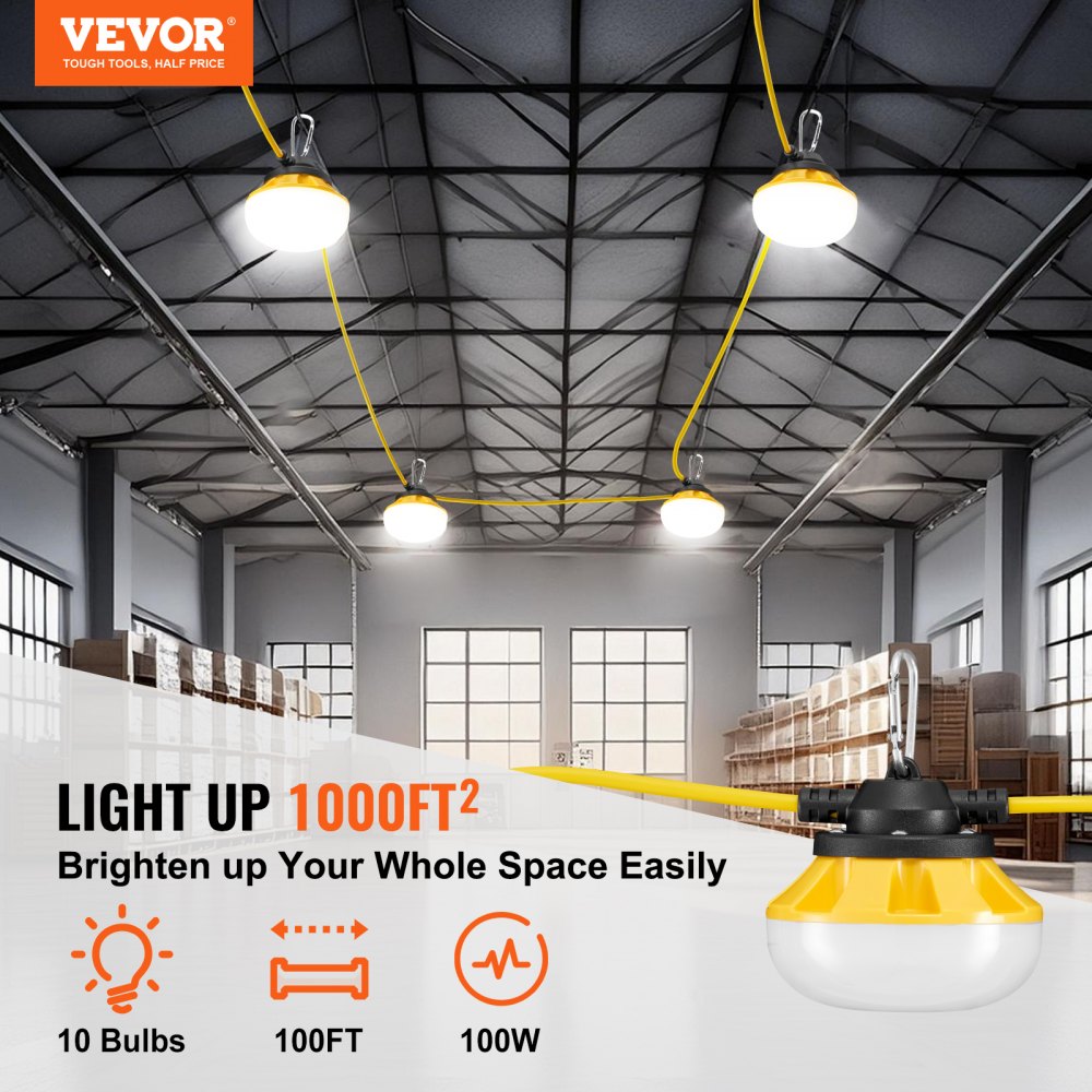 VEVOR 100FT Construction String Lights, 100W 10000LM, 10PCs String Work Light, 5000K, IP65 Waterproof, with Hanging Hooks, for Construction Site, Temporary Lighting Indoor & Outdoor, ETL Listed