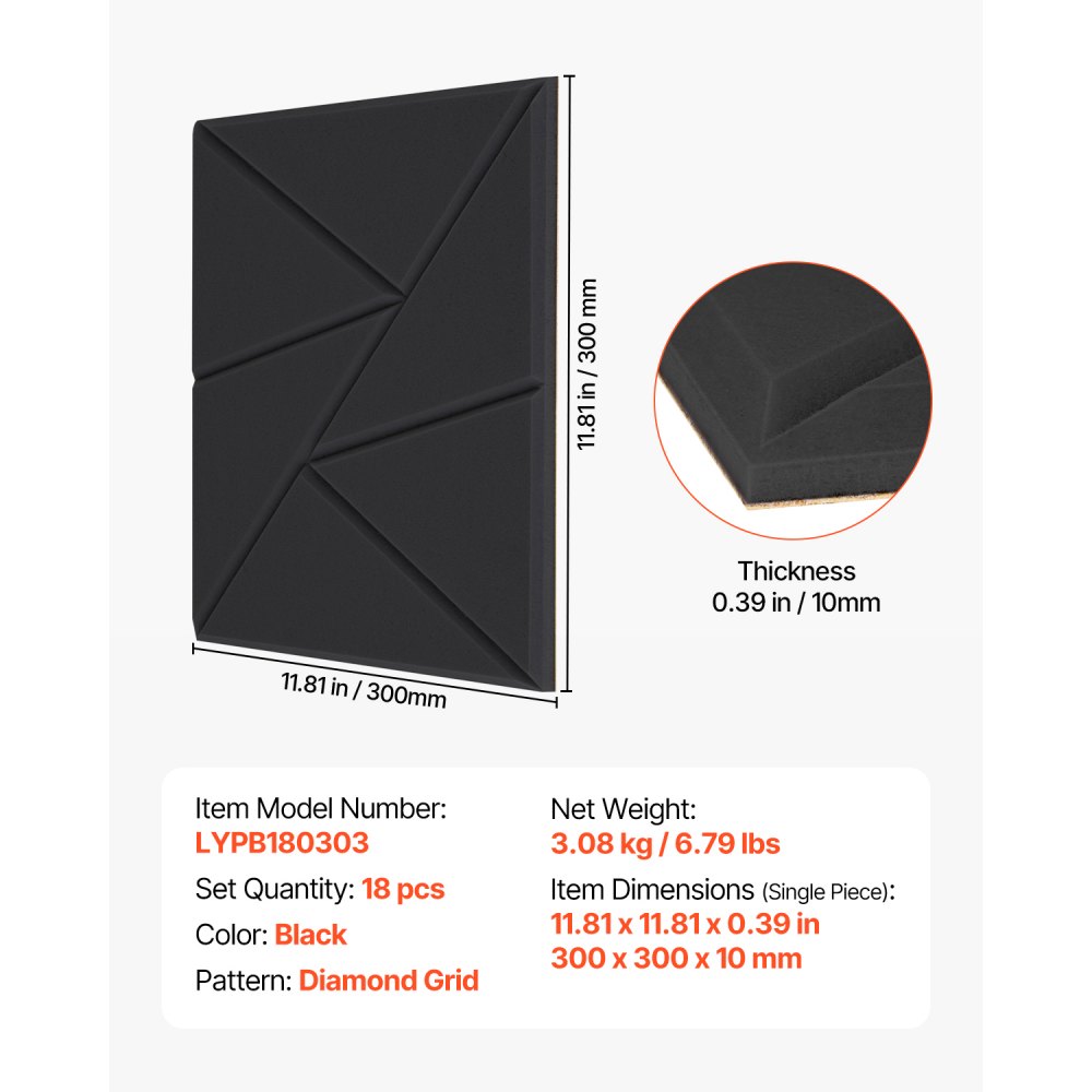 VEVOR 18 Pack Acoustic Panels with Self Adhesive, 11.8 x 11.8 x 0.4 inch Sound Proof Foam Panels, Polyester Fiber Soundproof Wall Panels High Density, for Home, Studio, Office, Theater, Black