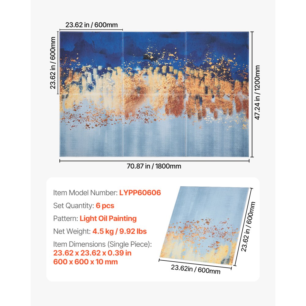 VEVOR 6-pack akoestische panelen, 1800x1200x10 mm, akoestische wandpanelen, zelfklevende decoratieve geluidsisolatie- en absorptiepanelen voor thuis, kantoor, studio, speelkamer, theater, schilderijen