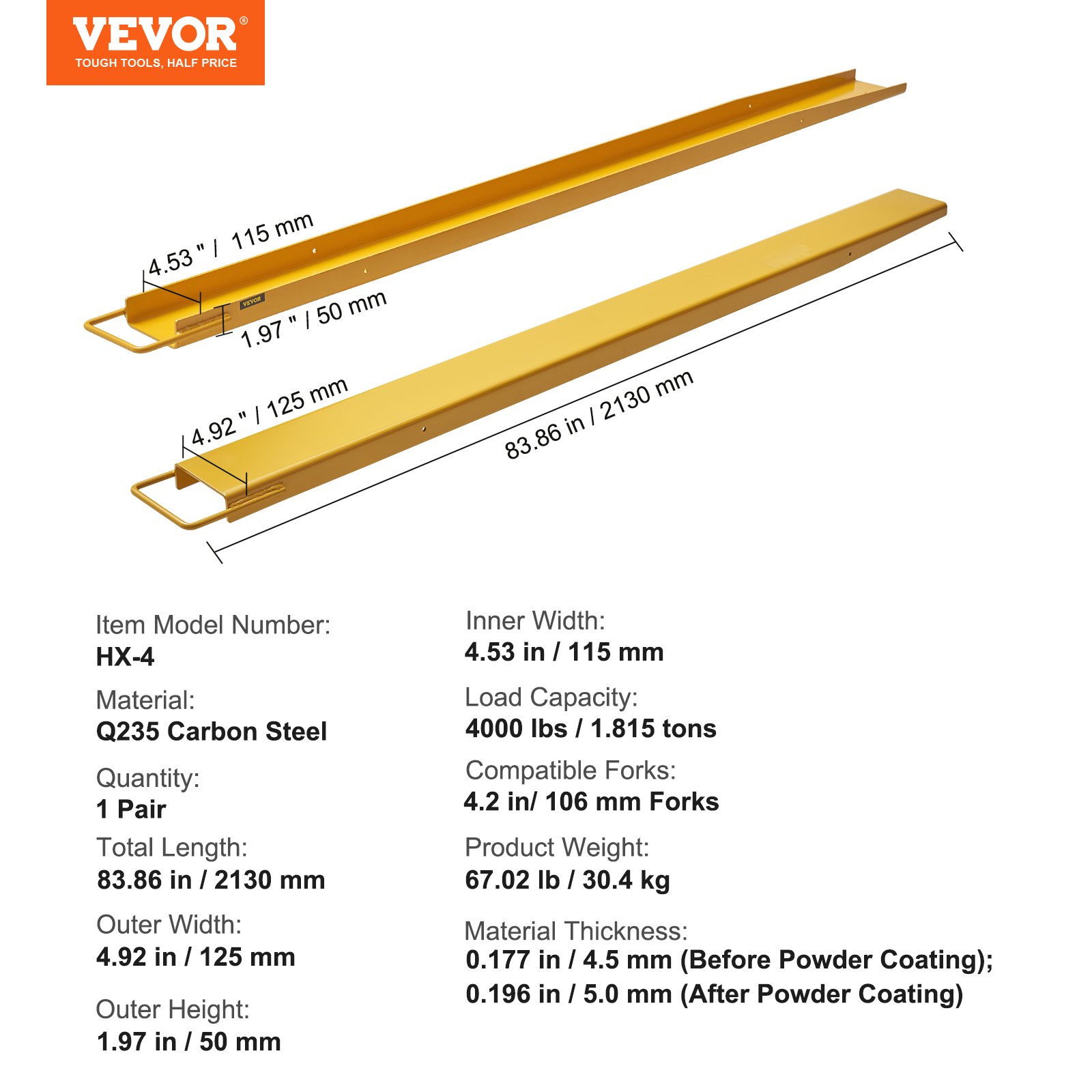 VEVOR Set van 2 vorkverlengstukken 2130 mm tandverlengstuk 1.815 ton capaciteit vorken Q235 koolstofstaal eendelig ontwerp palletvorkverlengstuk compatibel met 106 mm vorken