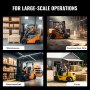 VEVOR forklift extensions in diverse settings: warehouse, construction site, supermarket, and farm.