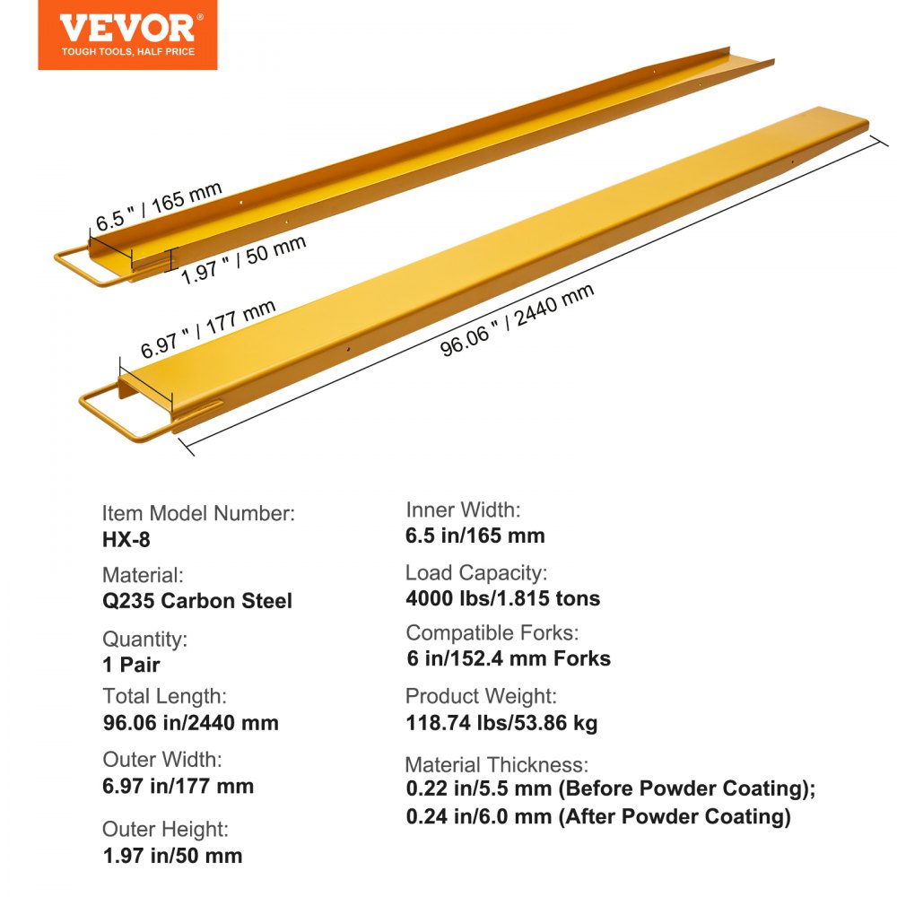 VEVOR Set van 2 vorkverlengstukken 2440 mm tandverlengstuk 1.815 ton capaciteit vorken Q235 koolstofstaal eendelig ontwerp palletvorkverlengstuk compatibel met 152,4 mm vorken