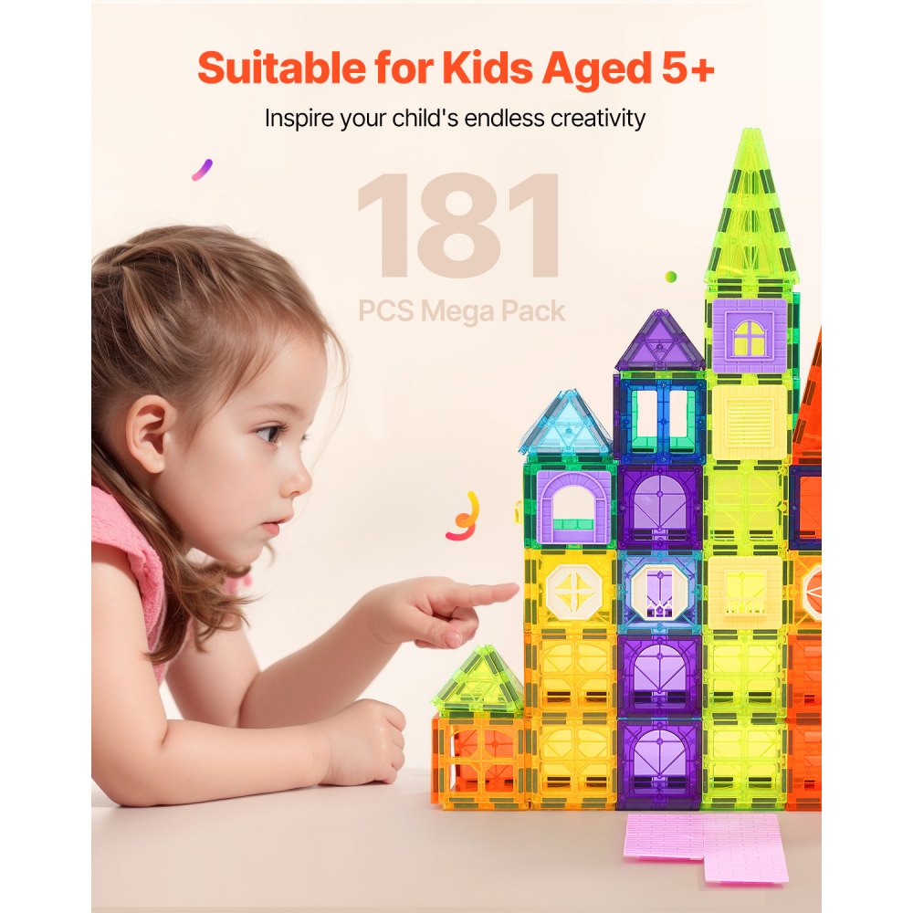 VEVOR Magnetische Bouwstenen, Magnetische Bouwset met 181 Stukken, Magnetisch Speelgoed met Auto-Basis/Reuzenrad/Letter- en Digitale Kaarten, STEM Bouwstapelspeelgoed voor Kinderen vanaf 3 Jaar