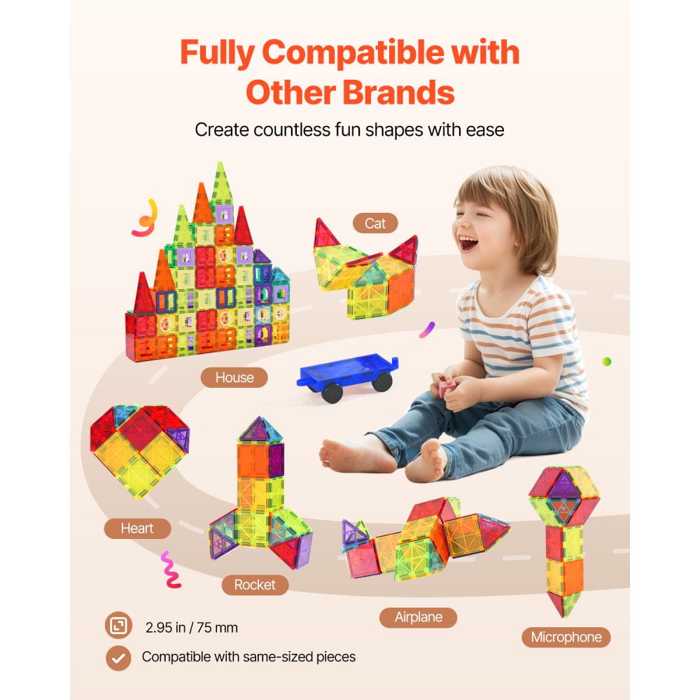 VEVOR Magnetic Tiles, 180 PCS Magnetic Building Blocks for Kids, Magnet Building Set with 2 Car Bases & Ferris Wheel Stand, STEM Educational Construction Stacking Toys for Toddlers Boys Girls Aged 5+