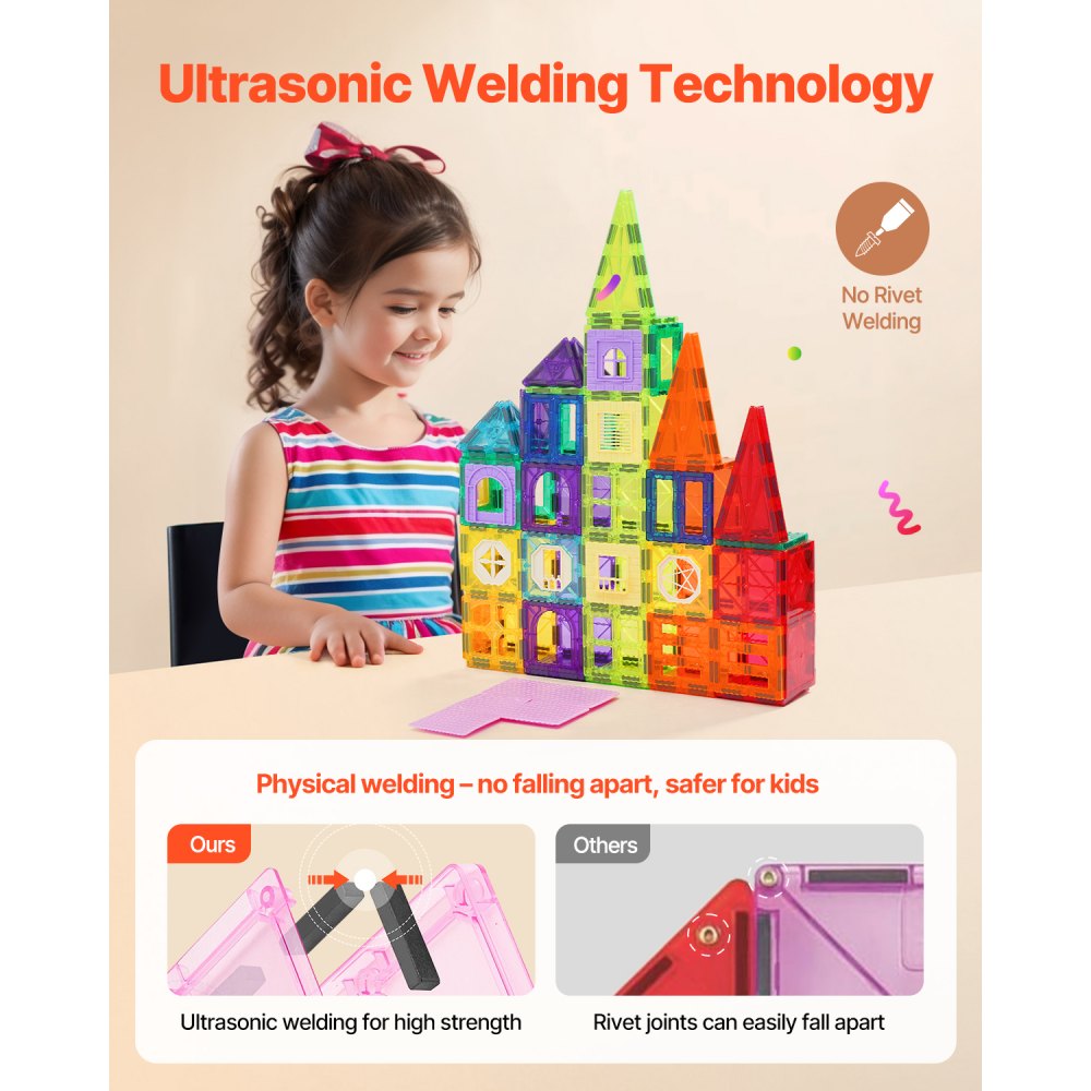 VEVOR Magnetische Bouwstenen, 180-delige Magnetische Bouwset voor Kinderen, Magnetisch Speelgoed met 2 Auto-Onderstellen en Reuzenradstandaard, STEM Educatief Constructie Stapelspeelgoed voor Kinderen vanaf 3 Jaar