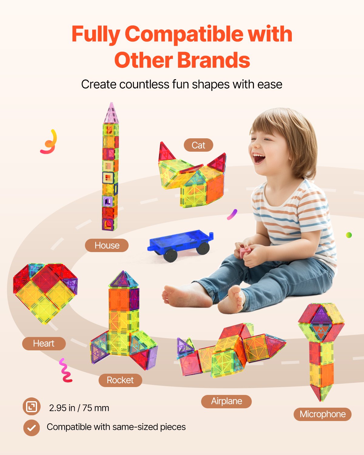 VEVOR Magnetic Tiles, 121 PCS Magnetic Building Blocks for Kids, Magnet Building Set with 2 Car Bases & 26 Digital Cards, STEM Educational Construction Stacking Toys for Toddlers Boys Girls Aged 5+