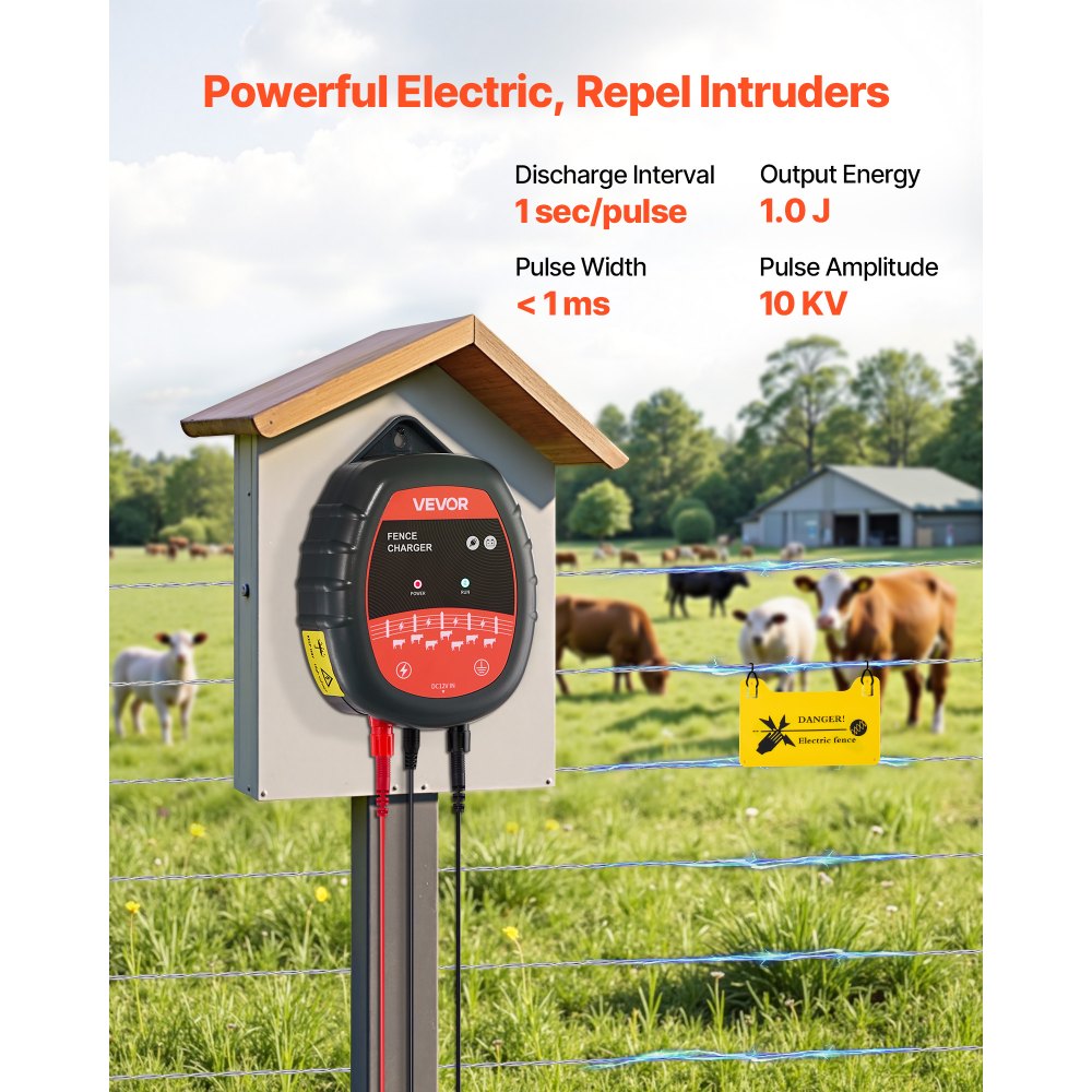 VEVOR Electric Fence Charger, 10kV 1J, AC DC Electric Fence Energizer with LED Indicator, 1.86 Miles Range, Powerful Plug-in Fences Charger, Prevents Wild Animals Intrusion for Livestock Poultry