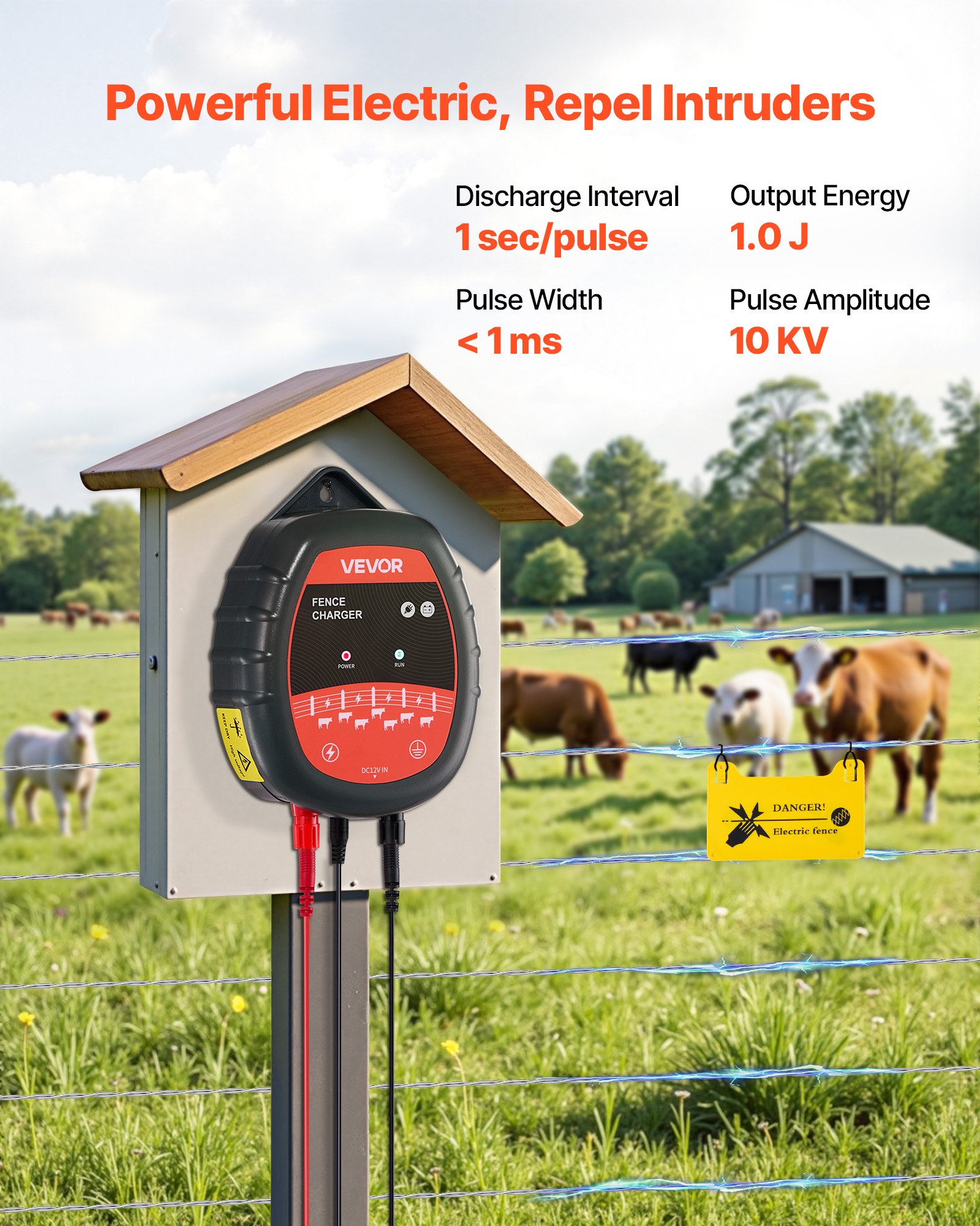 VEVOR Electric Fence Charger, 10kV 1J, AC DC Electric Fence Energizer with LED Indicator, 1.86 Miles Range, Powerful Plug-in Fences Charger, Prevents Wild Animals Intrusion for Livestock Poultry