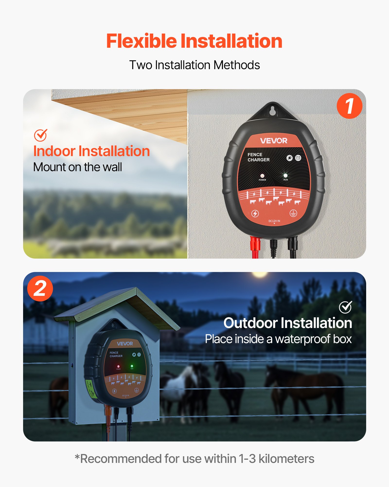 VEVOR Electric Fence Charger, 10kV 1J, AC DC Electric Fence Energizer with LED Indicator, 1.86 Miles Range, Powerful Plug-in Fences Charger, Prevents Wild Animals Intrusion for Livestock Poultry