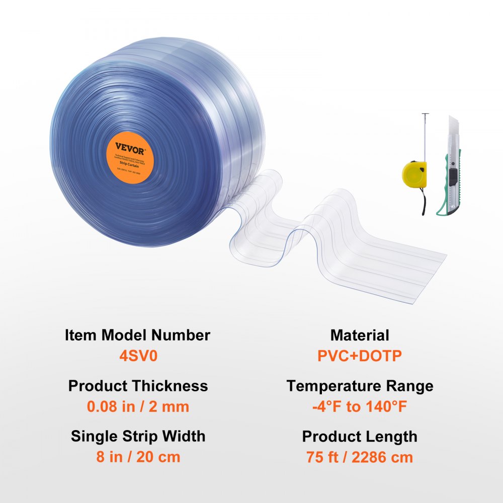 VEVOR strokengordijn, 75' lang x 8" breed x 0,08" dik, PVC gordijnstrip deurrol, kunststof deurstrip voor supermarktdeuren, garages, magazijnen, schuren en dierenasiels