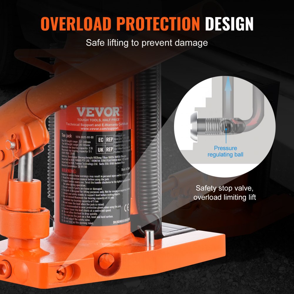 VEVOR hydraulische vloerkrik, 2,5t op-teen krik, 5t op-teen hefvermogen, machinekrik, 20-135 mm teenhoogte, 227-340 mm bovenhoogte, luchthydraulische klauwkrik