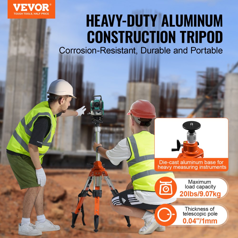 VEVOR Laser Level Tripod Stand, 5/8"-11 Thread Mount, 27.16-67.71 inch Height Adjustment Heavy Duty Survey Tripod, with Level Bubble & Diffusion Limiter , Liftable Non-Skid Feet for Construction